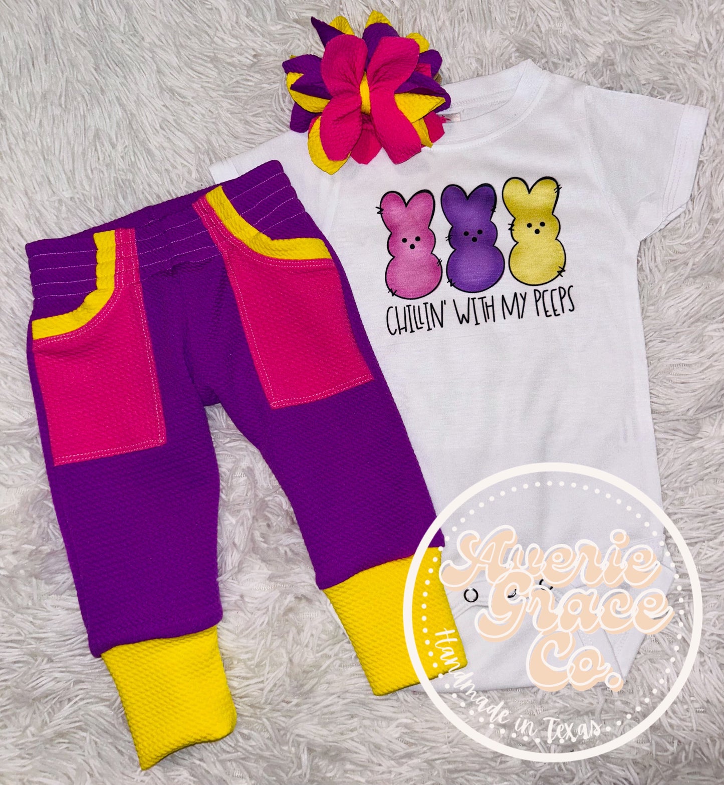 Girly Peeps Joggers Outfit with Nylon Flower Bow 3/6m