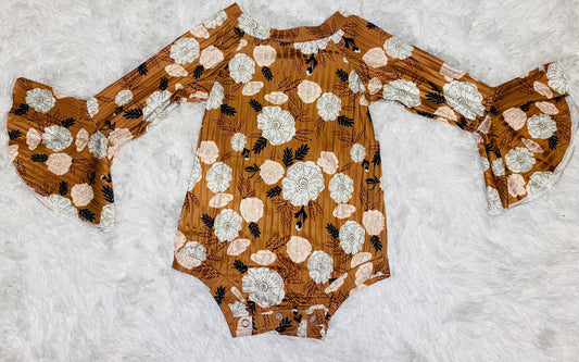 Tan Floral Bell Sleeve Leo 6/12m